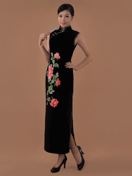 Black velvet embroidered cheongsam