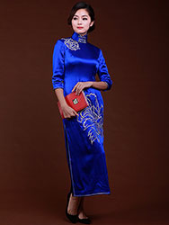 Royal blue silk with embroidery cheongsam dress 