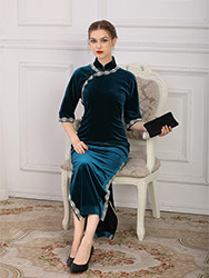 Velvet long cheongsam with lace piping