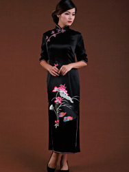 Black silk satin with lotus embroidered cheongsam