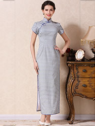 White-blue lattice long cheongsam dress