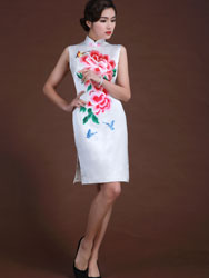 white silk with flowers short cheongsam