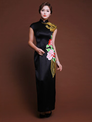 Black silk satin with gloden phoenix embroidered cheongsam