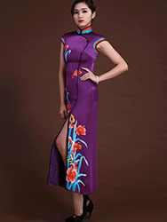 Purple silk with embroidery sleeveless cheongsam dress 