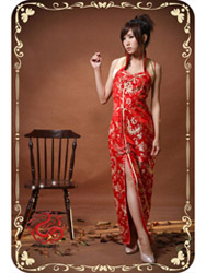 Red phoenix tail brocade sleeves qipao SMS72