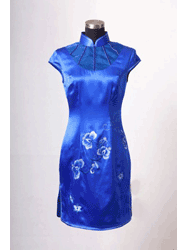 Royal blue silk with embroidery capped cheongsam dress SQE164 