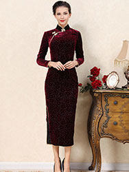 Wine red veleor cheongsam dress