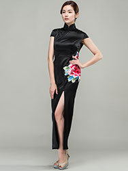 Black satin with peony embroidery qipao dress