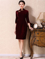 Wine red velvet short qipao dress