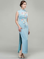 Grey-blue silk with plum-blossom embroidery qipao dress 